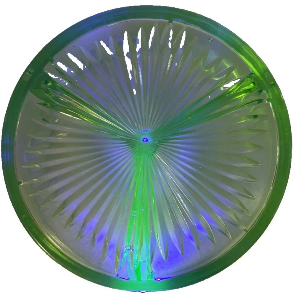 Uranium Glass 3 Compartment Relish Dish Green Depression Starburst UV Glow Vtg